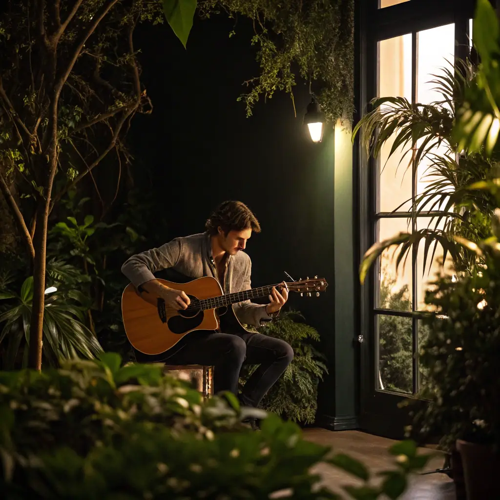 A person playing a guitar in a music studio.