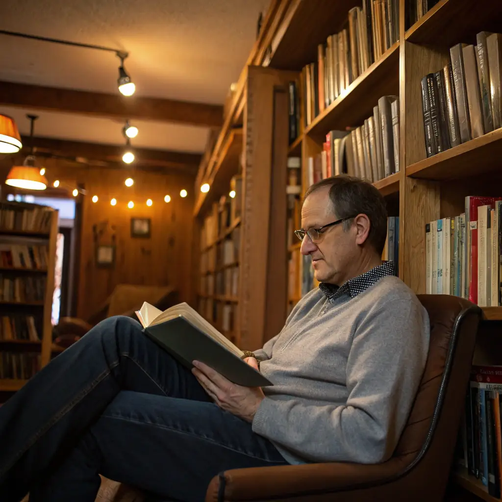 A person reading a book in a library.